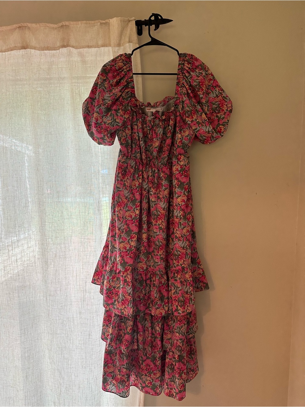 English Factory Pink Floral Tiered Maxi Dress with Puff Sleeves